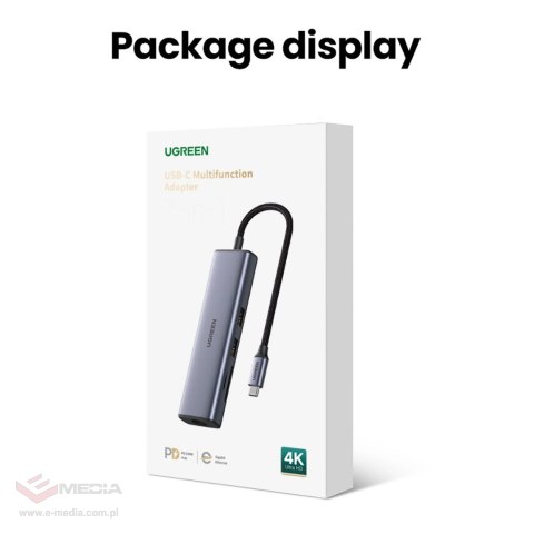 Adapter Ugreen CM512 90568 USB-C - 2x USB-A 3.0 / HDMI / RJ45 / czytnik kart SD i TF / USB-C PD 100W - szary