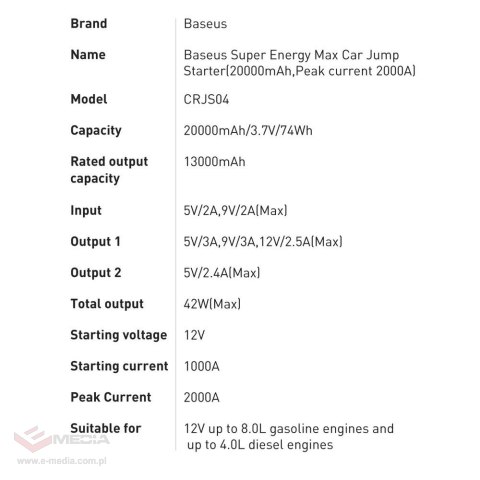 Baseus powerbank Power Starter Jump Starter urządzenie rozruchowe booster 20000mAh 12V (2000A / 1000A) + kable krokodylki czarny