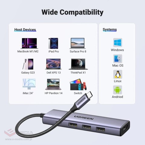 HUB Ugreen CM511 15597 5w1 USB-C - USB-C PD / HDMI / 3x USB-A 3.0 - szary