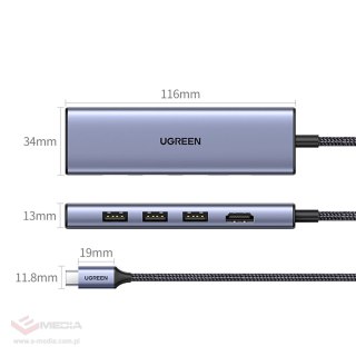 HUB Ugreen CM511 20956A 6w1 USB-C - HDMI / 3x USB-A 3.0 / czytnik kart SD/TF - szary