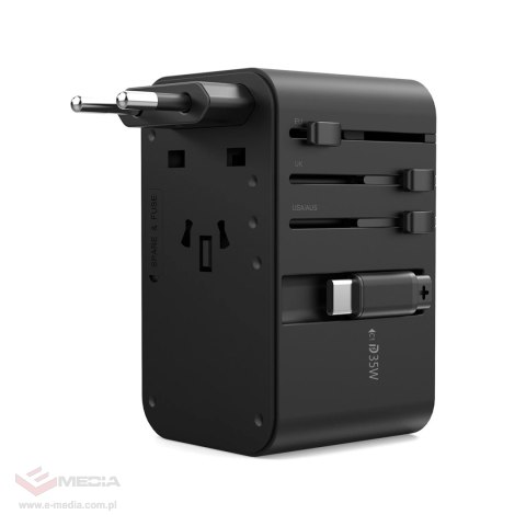 Adapter podróżny Choetech PD5020 35W EU / US / AUS / UK z wbudowanym kablem USB-C - czarny