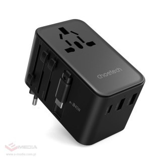 Adapter podróżny Choetech PD5021 45W EU / US / AUS / UK z wbudowanym kablem USB-C - czarny