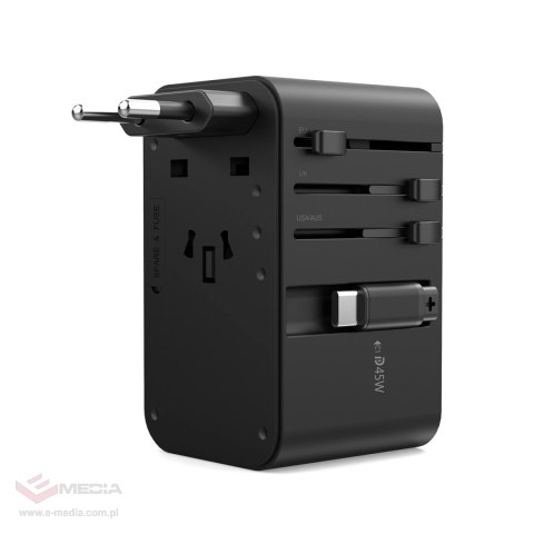 Adapter podróżny Choetech PD5021 45W EU / US / AUS / UK z wbudowanym kablem USB-C - czarny