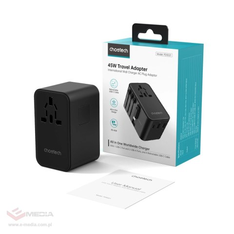 Adapter podróżny Choetech PD5021 45W EU / US / AUS / UK z wbudowanym kablem USB-C - czarny