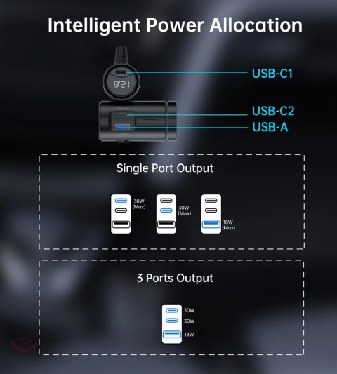 Ładowarka Choetech TC0021 samochodowa 2x USB-C PD 1x USB-A QC 3x gniazdo zapalniczki - czarna