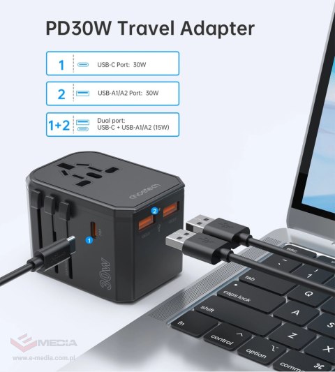 Ładowarka podróżna Choetech PD6041 USB-C USB-A PD 30W z 4 wtyczkami USA EU UK AU - czarna