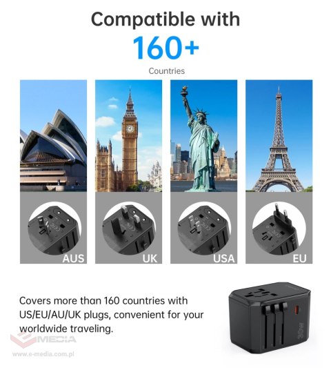 Ładowarka podróżna Choetech PD6041 USB-C USB-A PD 30W z 4 wtyczkami USA EU UK AU - czarna