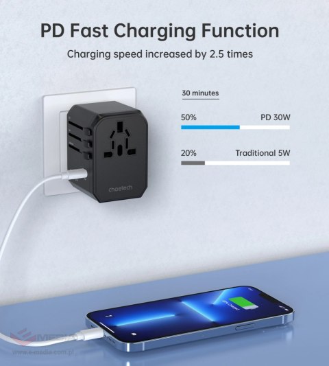 Ładowarka podróżna Choetech PD6041 USB-C USB-A PD 30W z 4 wtyczkami USA EU UK AU - czarna