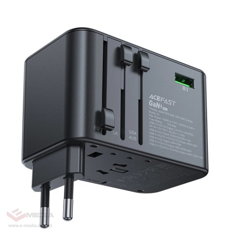 Adapter ładowarka podróżna Acefast Z1 GaN 75W PD 3x USB-C 2x USB-A - czarny