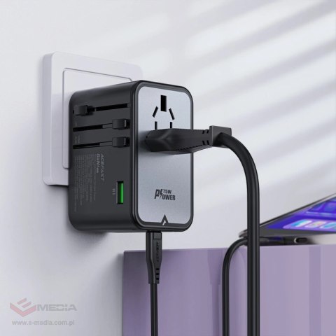 Adapter ładowarka podróżna Acefast Z1 GaN 75W PD 3x USB-C 2x USB-A - czarny