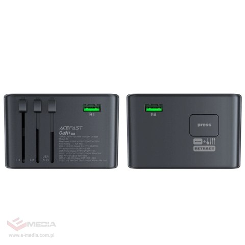 Adapter ładowarka podróżna Acefast Z1 GaN 75W PD 3x USB-C 2x USB-A - czarny