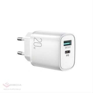 Joyroom szybka ładowarka sieciowa USB-A QC3.0 / USB-C PD 20W biała (L-QP2011)