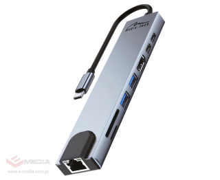 8in1 Media-Tech MT5046 Hub USB-C Adapter to USB 3.0 + USB 2.0 + HDMI + USB-C + USB-C PD + microSD, SD + RJ45