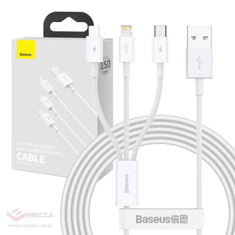 Kabel USB 3w1 Baseus Superior Series, USB do micro USB / USB-C / Lightning, 3.5A, 1.5m (biały)