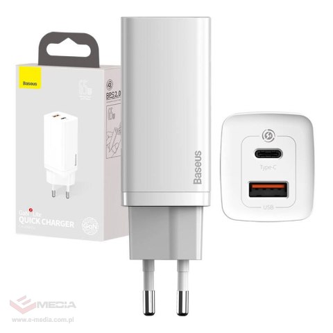 Ładowarka sieciowa Baseus GaN2 Lite, USB + USB-C, 65W, EU (biała)