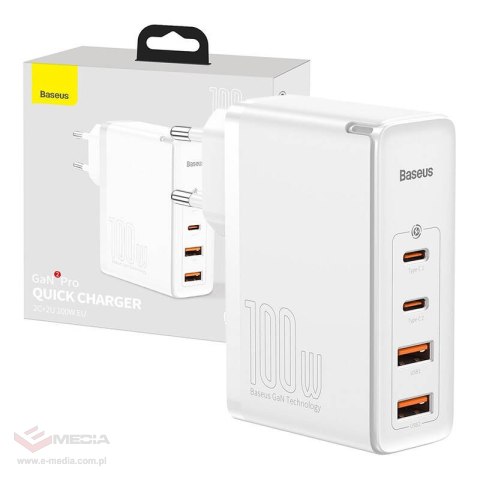 Ładowarka sieciowa Baseus GaN2 Pro, 2x USB + 2x USB-C, 100W, EU (biała)