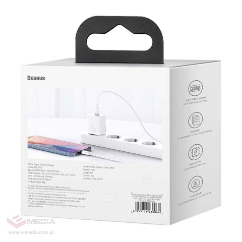 Ładowarka sieciowa Baseus Super Si Quick Charger 1C 20W z przewodem USB-C do Lightning 1m (biała)