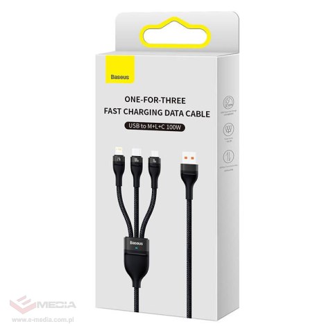 Kabel USB 3w1 Baseus Flash Series, USB-C + micro USB + Lightning, 100W, 1.2m (czarny)