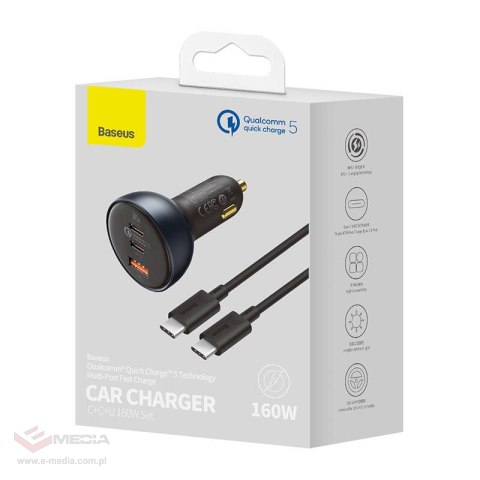 Ładowarka samochodowa Baseus Qualcomm, USB, 2x USB-C, 160W (szara)