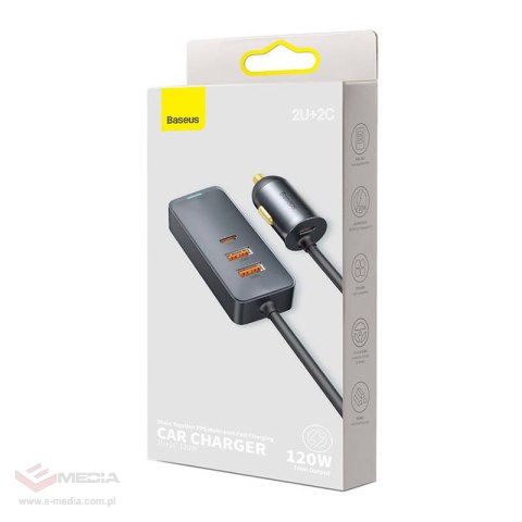 Ładowarka samochodowa Baseus Share Together z przedłużaczem, 2x USB, 2x USB-C, 120W (szara)