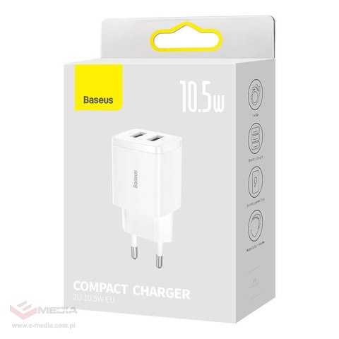 Ładowarka sieciowa Baseus Compact Quick Charger, 2x USB, 10.5W (biała)