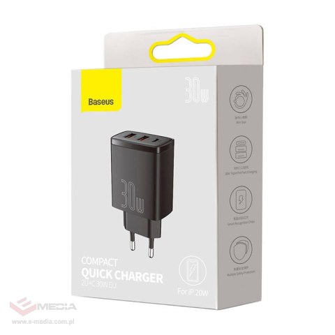 Ładowarka sieciowa Baseus Compact Quick Charger, 2xUSB, USB-C, PD, 3A, 30W (czarna)