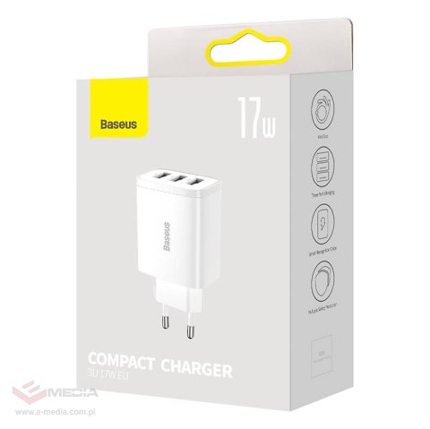 Ładowarka sieciowa Baseus Compact Quick Charger, 3x USB, 17W (biała)