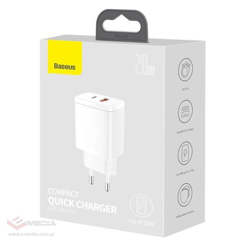 Ładowarka sieciowa Baseus Compact Quick Charger, USB, USB-C, 20W (biała)