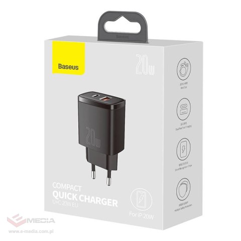 Ładowarka sieciowa Baseus Compact Quick Charger, USB, USB-C, 20W (czarna)