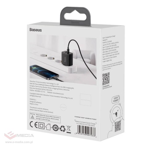 Ładowarka sieciowa Baseus Compact Quick Charger, USB, USB-C, 20W (czarna)