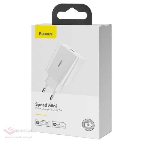 Ładowarka sieciowa Baseus Speed Mini Quick Charger, USB-C, PD, 3A, 20W (biała)