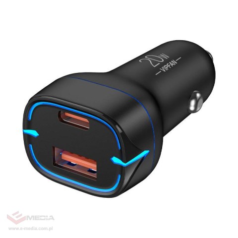 Ładowarka samochodowa VFAN C11, USB + USB-C, PD 20W + QC 3.0, LED (czarna)