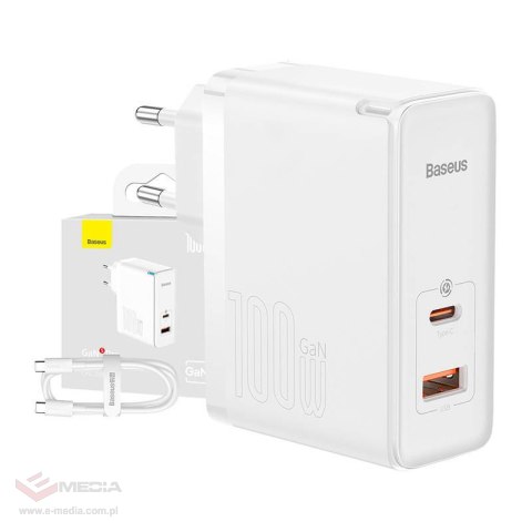 Ładowarka sieciowa Baseus GaN5 Pro, USB-C + USB, 100W + kabel (biała)