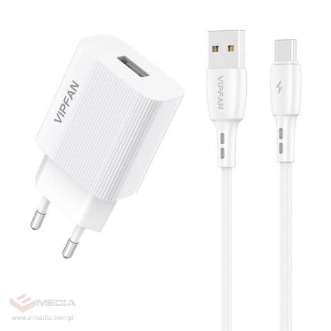 Ładowarka sieciowa VFAN E01, 1x USB, 2.4A + kabel USB-C (biała)