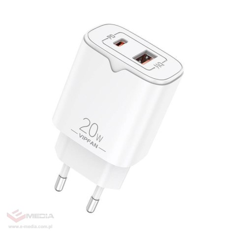 Ładowarka sieciowa VFAN E08, USB + USB-C, 20W PD + QC 3.0 (biała)