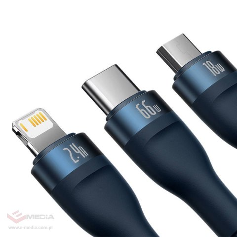 Kabel USB 3w1 Baseus Flash Series, USB-C + micro USB + Lightning, 66W, 1.2m (niebieski)