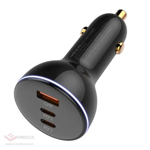 Ładowarka samochodowa LDNIO C102, USB + 2x USB-C, 160W + kabel USB do Lightning (czarna)