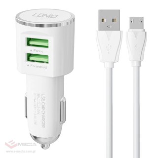 Ładowarka samochodowa LDNIO DL-C29, 2x USB, 3.4A + kabel Micro USB (biała)