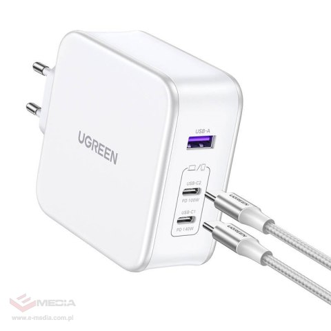 Ładowarka sieciowa UGREEN 15339 Nexode, 2xUSB-C, USB-A 3.0, PD3.0, QC4.0, GaN, 140W (biała)