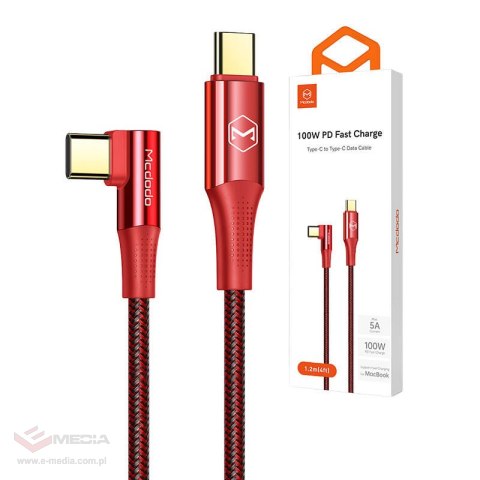 Kabel USB-C do USB-C Mcdodo CA-8321 100W 90 stopni1.2m czerwony