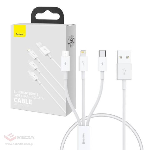 Kabel szybkiego ładowania Baseus Superior Data USB do M+L+C 3.5A 0.5M(White)