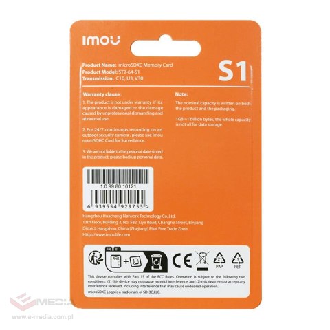 Karta pamięci Imou 64GB microSD (UHS-I, SDXC, 10/U3/V30, 95/38)