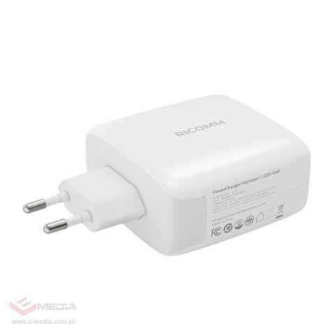 Ładowarka sieciowa 120W GaN Ricomm RC1201 EU, 1xUSB-A, 2xUSB-C + kabel USB-C 2.1m