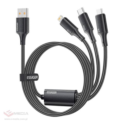 Kabel USB-A 3w1, Essager, EXCMTL-JJ01-P, USB-C/Lightning/Micro, 100W, 1.2m (czarny)