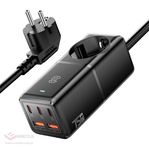 Ładowarak sieciowa, Essager, ECTAC-BRB01-Z, GaN, 3xUSB-C, 2xUSB-A, Gniazdko AC, 75W (czarna)