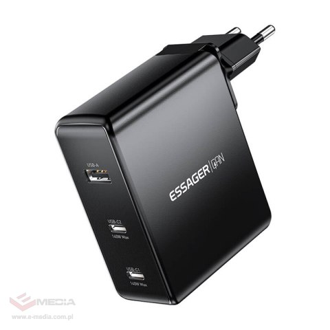 Ładowarka sieciowa, Essager, ECT2CA-MQB01-Z, 2xUSB-C, USB-A, 140W (czarna)