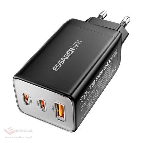 Ładowarka sieciowa, Essager, ECT67W-LJB01-Z, GaN, 2xUSB-C, USB-A, 67W (czarna)