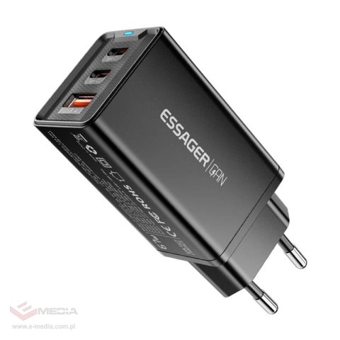 Ładowarka sieciowa, Essager, ECTAC-KSB01-Z, GaN, 2xUSB-C, USB-A, 67W (czarna)