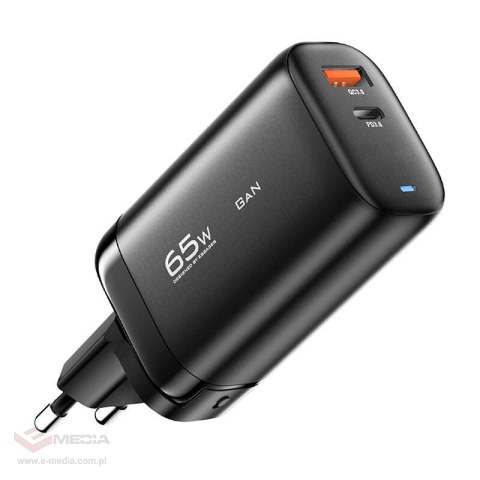 Ładowarka sieciowa, Essager, ECTAC-MYB01-Z, GaN, USB-C, USB-A, 65W (czarna)