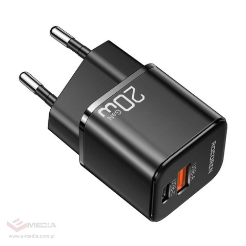 Ładowarka sieciowa Rocoren USB-C, USB, Power Delivery, MiniGaN, 20W (czarna)